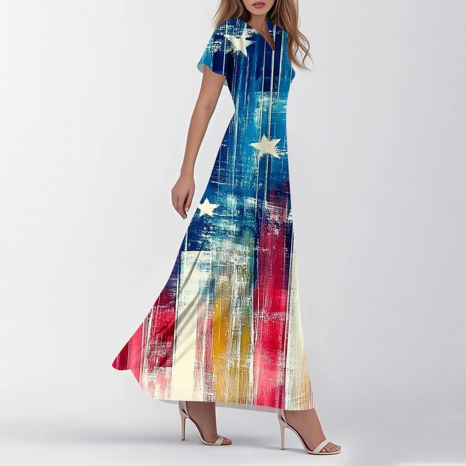 Women's Boho Summer Dresses Casual V-Neck Short Sleeve Maxi Dress High Waist Big Swing Loose Long Beach Sundress