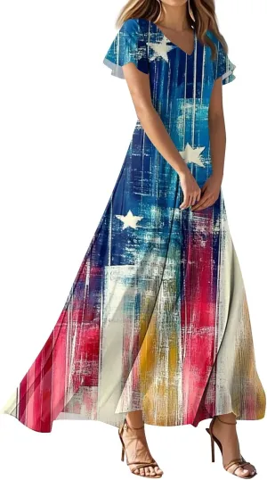 Women's Boho Summer Dresses Casual V-Neck Short Sleeve Maxi Dress High Waist Big Swing Loose Long Beach Sundress