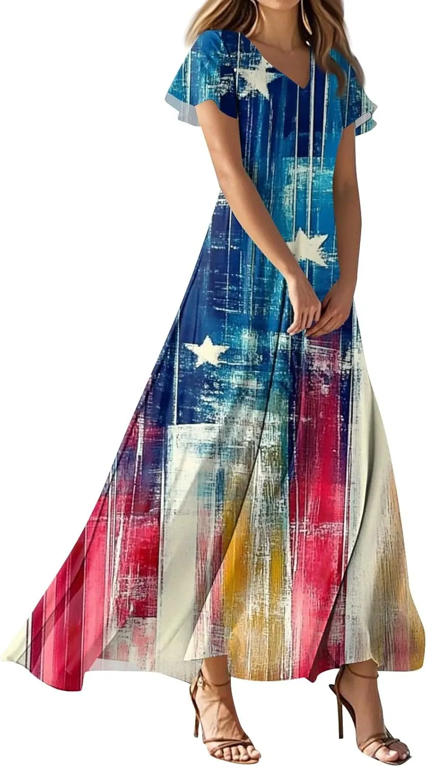 Women's Boho Summer Dresses Casual V-Neck Short Sleeve Maxi Dress High Waist Big Swing Loose Long Beach Sundress