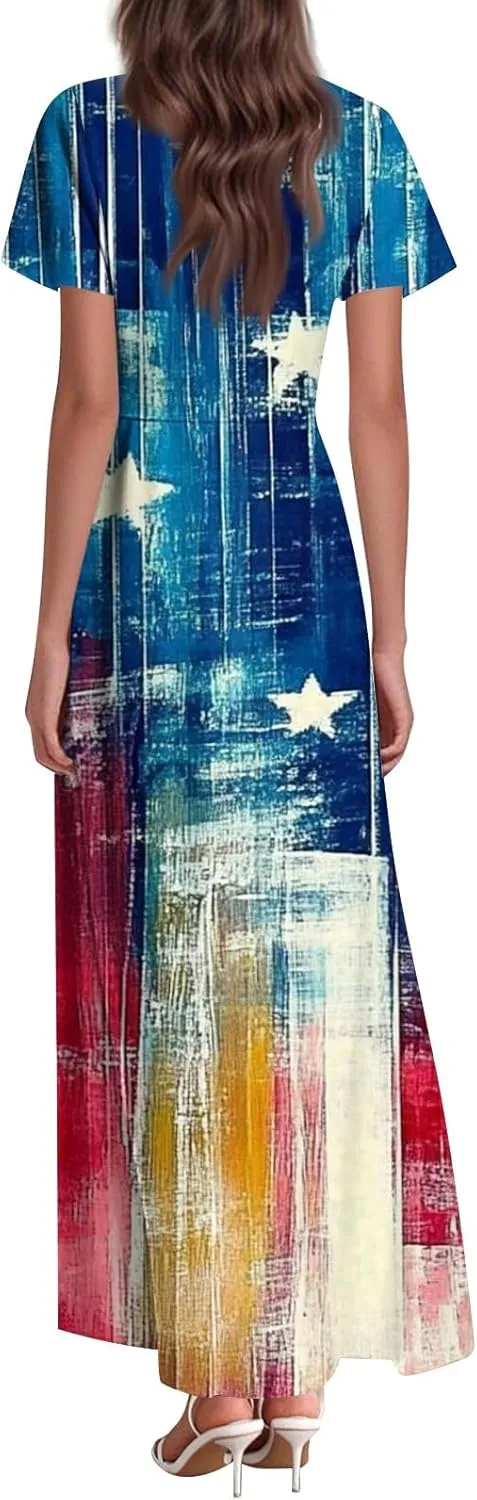 Women's Boho Summer Dresses Casual V-Neck Short Sleeve Maxi Dress High Waist Big Swing Loose Long Beach Sundress