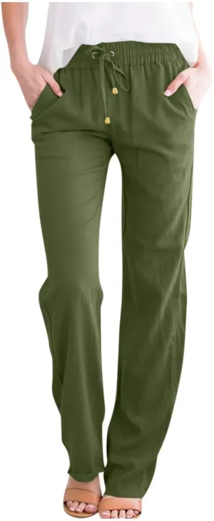 Womens Casual Cotton Linen Pants Drawstring Elastic Waist Wide Leg Trousers Beach Vacation Outfits