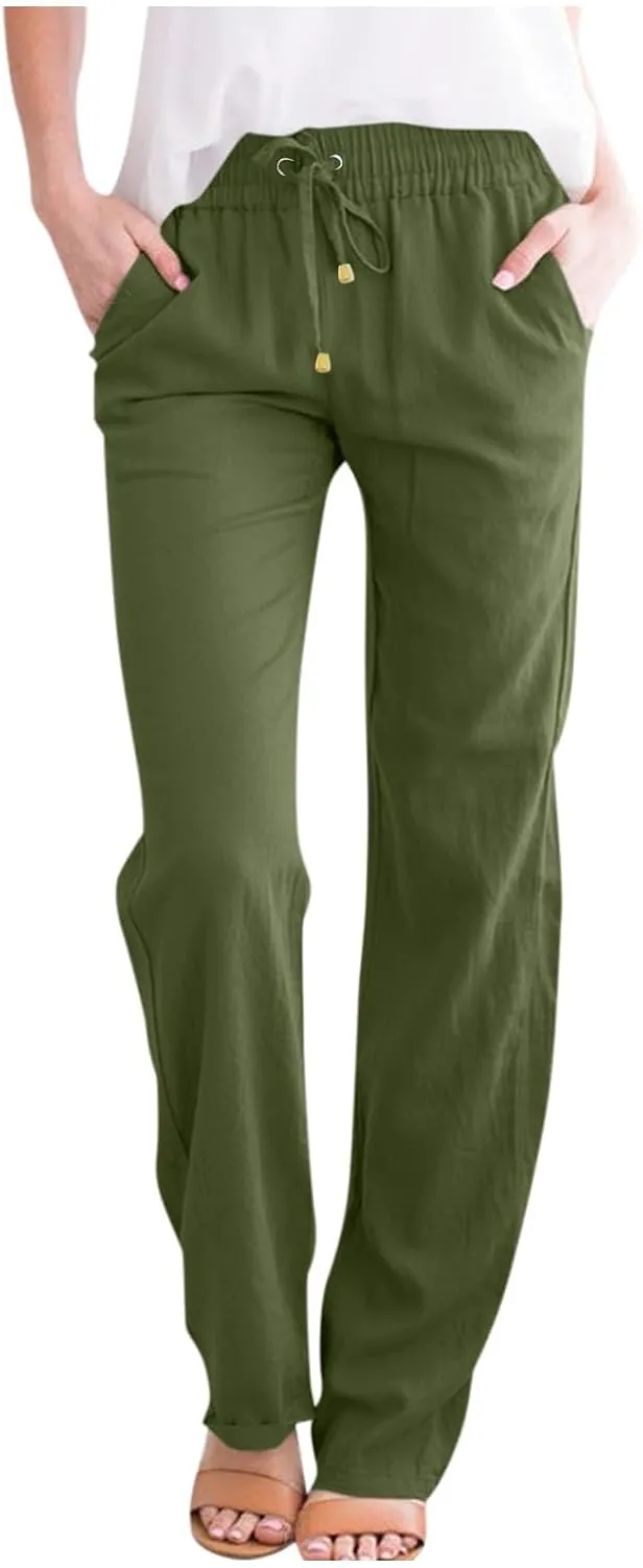 Womens Casual Cotton Linen Pants Drawstring Elastic Waist Wide Leg Trousers Beach Vacation Outfits
