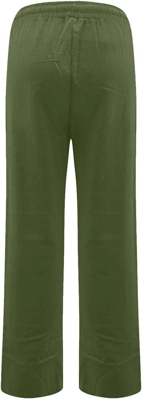 Womens Casual Cotton Linen Pants Drawstring Elastic Waist Wide Leg Trousers Beach Vacation Outfits