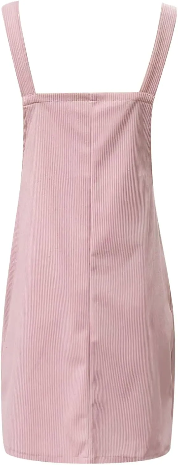 Women's Corduroy A Line Mini Dress Cute Jumper Pinafore Bib Overall Mini Dress Skirt Wide Straps Overalls Dress with Pockets