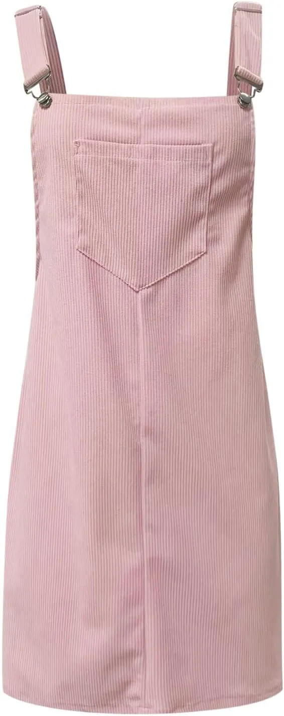 Women's Corduroy A Line Mini Dress Cute Jumper Pinafore Bib Overall Mini Dress Skirt Wide Straps Overalls Dress with Pockets