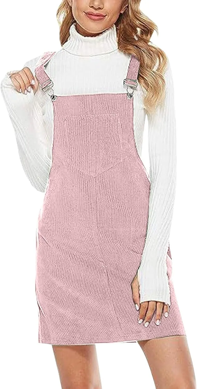 Women's Corduroy A Line Mini Dress Cute Jumper Pinafore Bib Overall Mini Dress Skirt Wide Straps Overalls Dress with Pockets