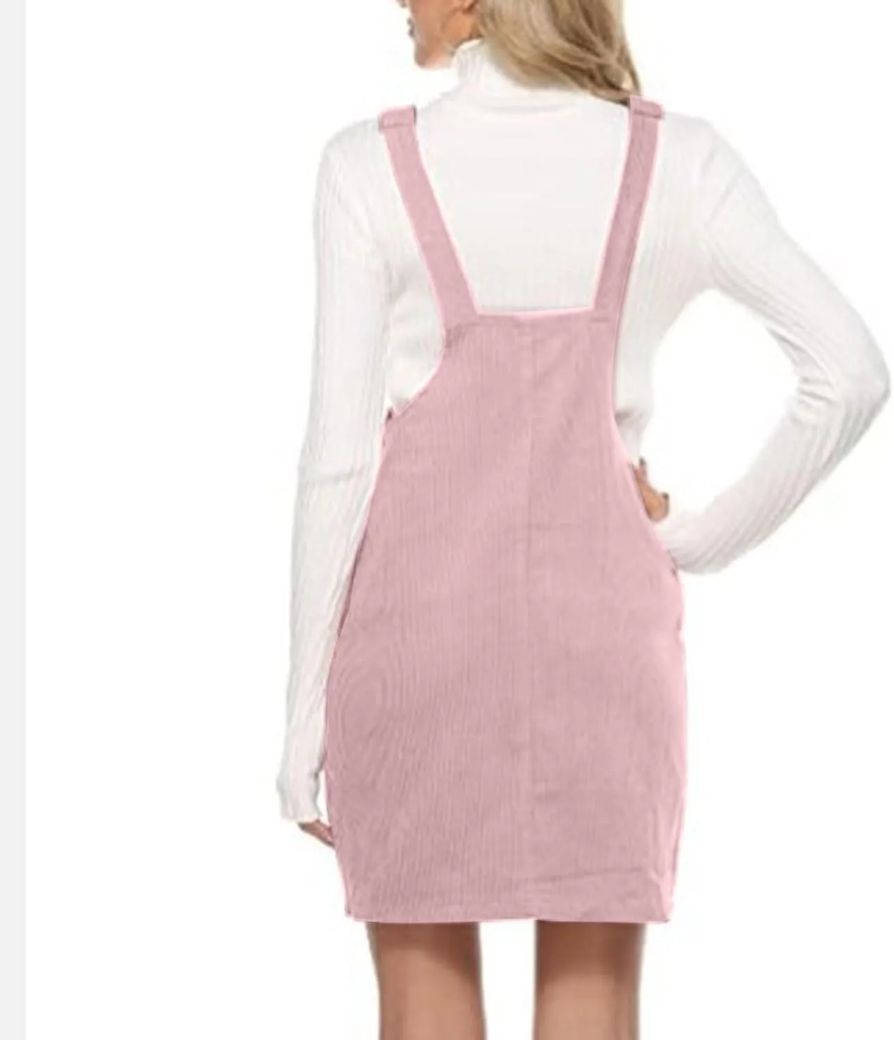 Women's Corduroy A Line Mini Dress Cute Jumper Pinafore Bib Overall Mini Dress Skirt Wide Straps Overalls Dress with Pockets