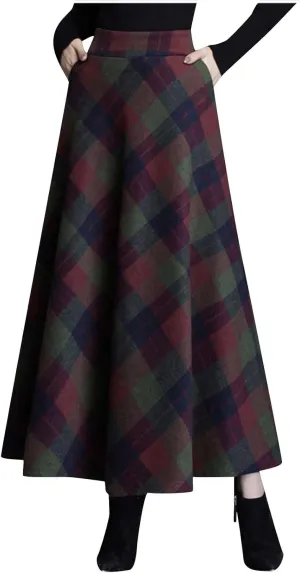 Womens Fall Winter High Waist A-Line Pleated Wool Midi Length Skirt A-Line Plaid Vintage Dressy Elegant Maxi Skirts