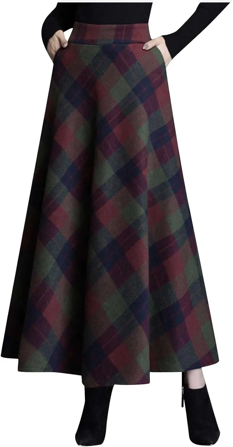 Womens Fall Winter High Waist A-Line Pleated Wool Midi Length Skirt A-Line Plaid Vintage Dressy Elegant Maxi Skirts