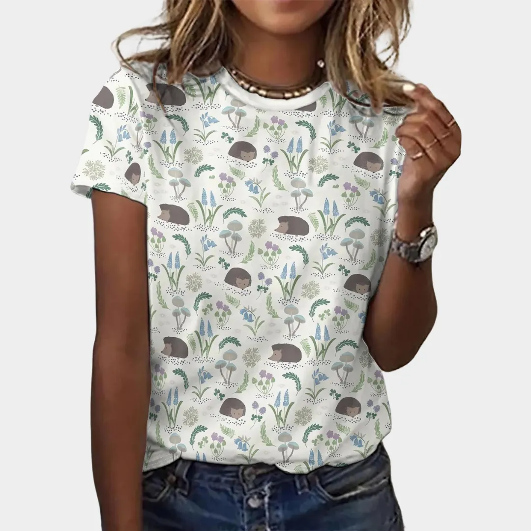 Womens Hedgehog Print T-Shirt  Casual Short Sleeve O-Neck Pullover  Relaxed Fit Lightweight Daily Tee  Multiple Colours