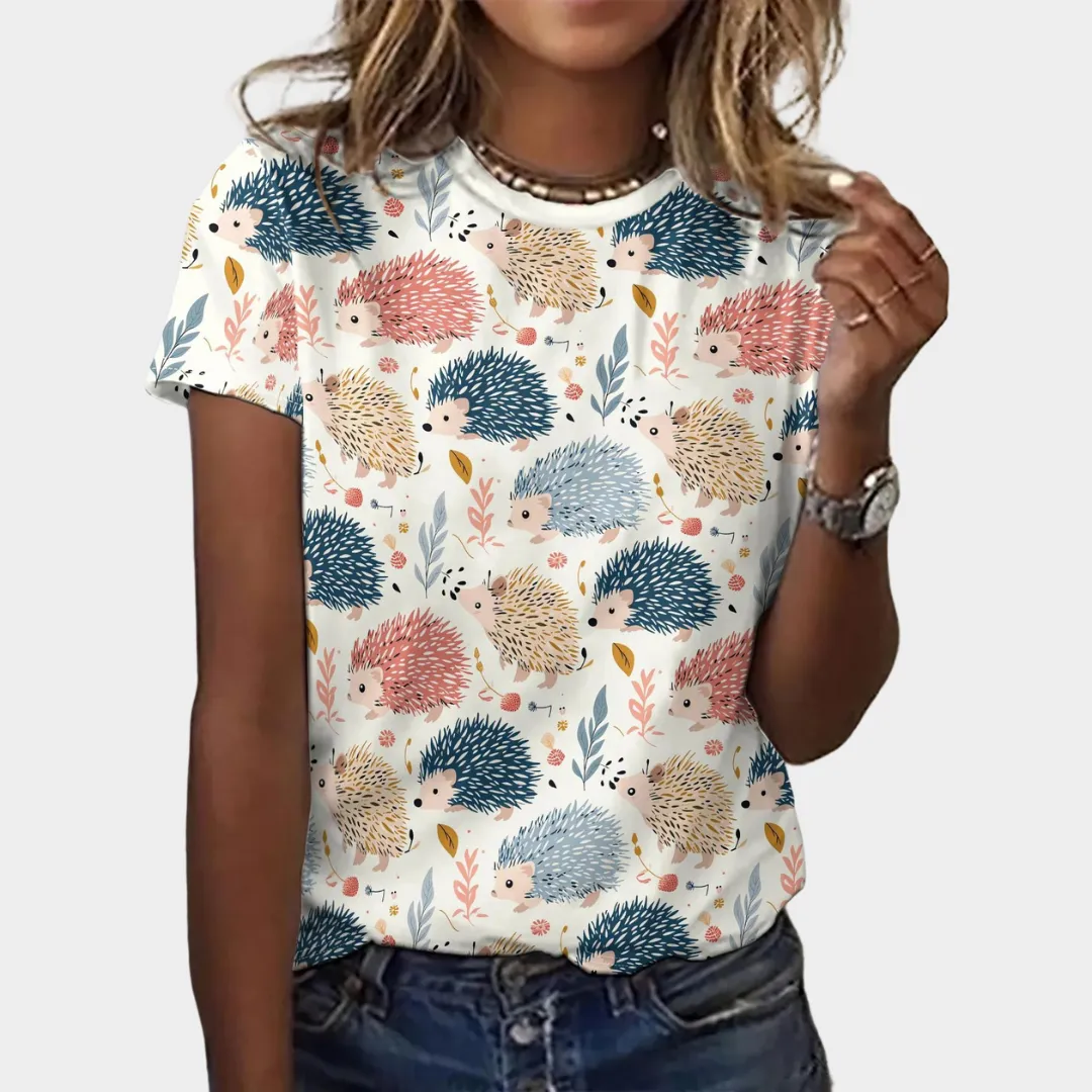 Womens Hedgehog Print T-Shirt  Casual Short Sleeve O-Neck Pullover  Relaxed Fit Lightweight Daily Tee  Multiple Colours