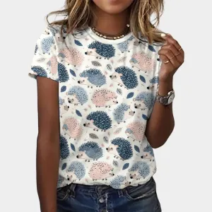 Womens Hedgehog Print T-Shirt  Casual Short Sleeve O-Neck Pullover  Relaxed Fit Lightweight Daily Tee  Multiple Colours