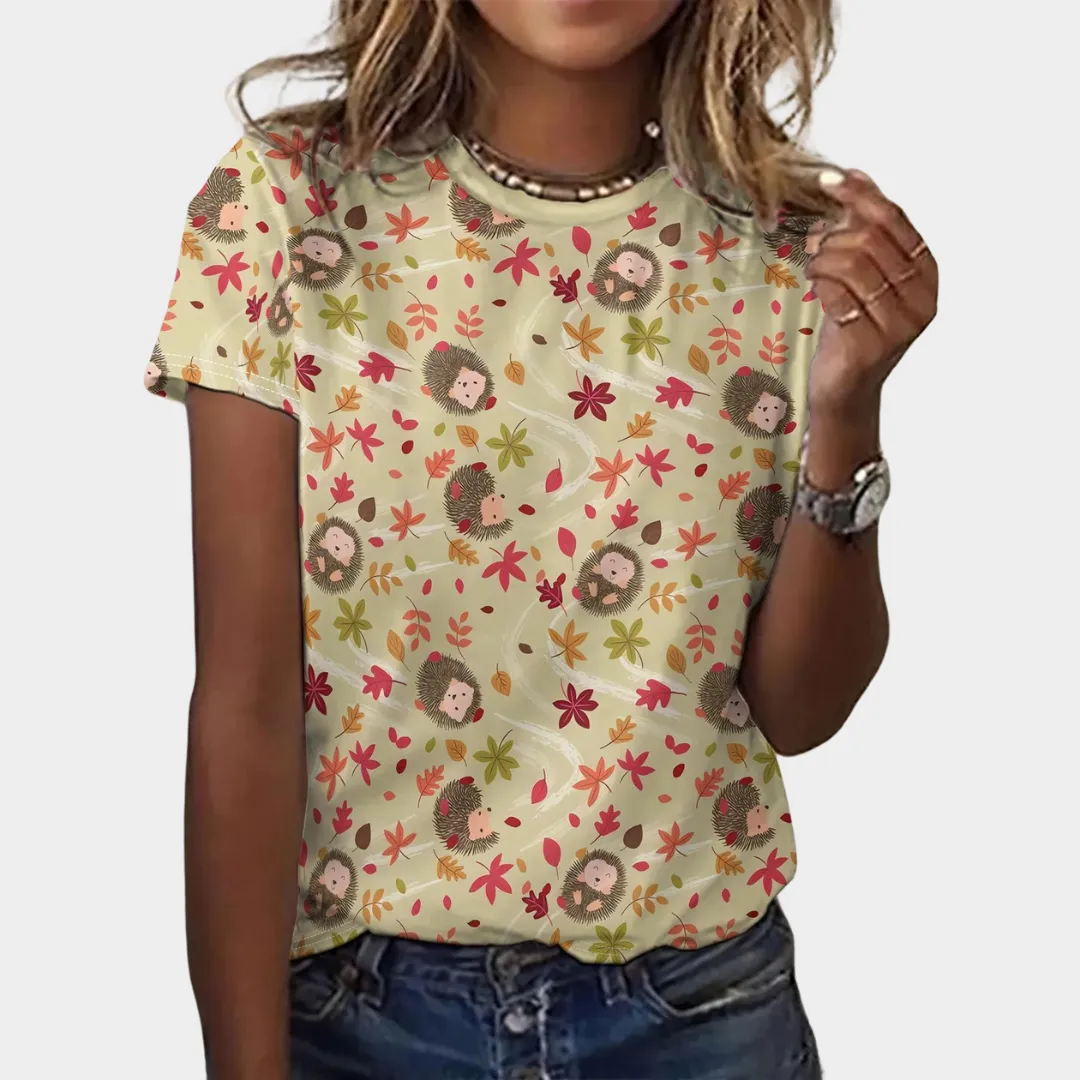 Womens Hedgehog Print T-Shirt  Casual Short Sleeve O-Neck Pullover  Relaxed Fit Lightweight Daily Tee  Multiple Colours