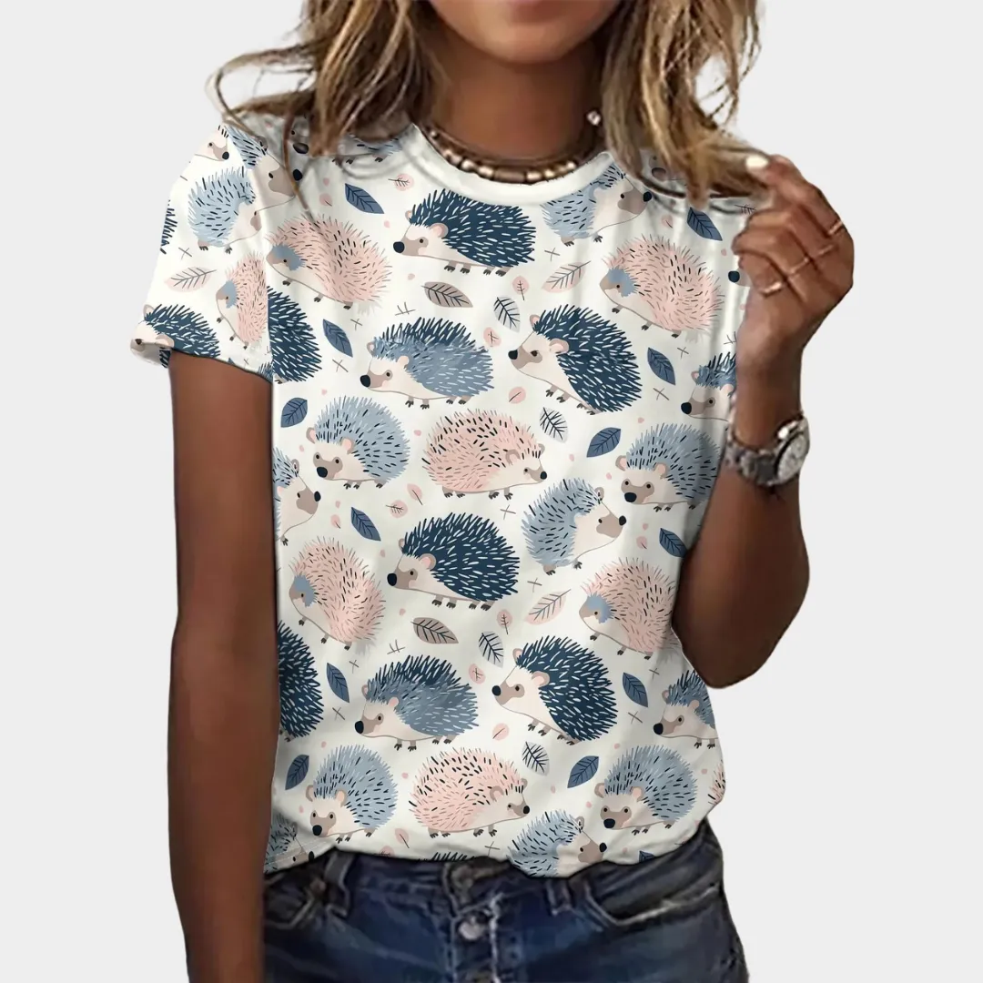 Womens Hedgehog Print T-Shirt  Casual Short Sleeve O-Neck Pullover  Relaxed Fit Lightweight Daily Tee  Multiple Colours