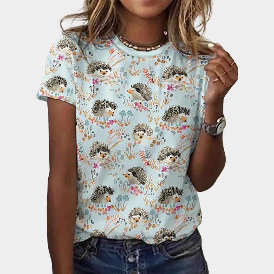 Womens Hedgehog Print T-Shirt  Casual Short Sleeve O-Neck Pullover  Relaxed Fit Lightweight Daily Tee  Multiple Colours