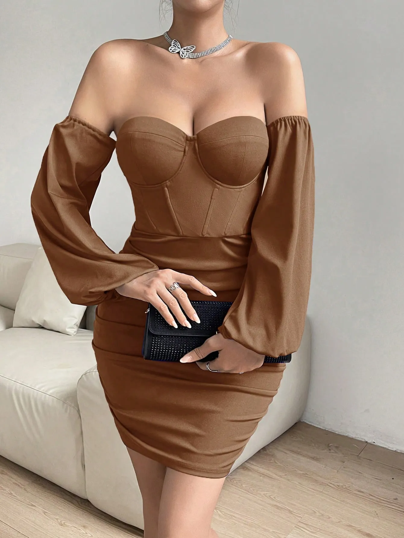 Women's Off Shoulder Lantern Sleeve Ruffle Bodycon Dress