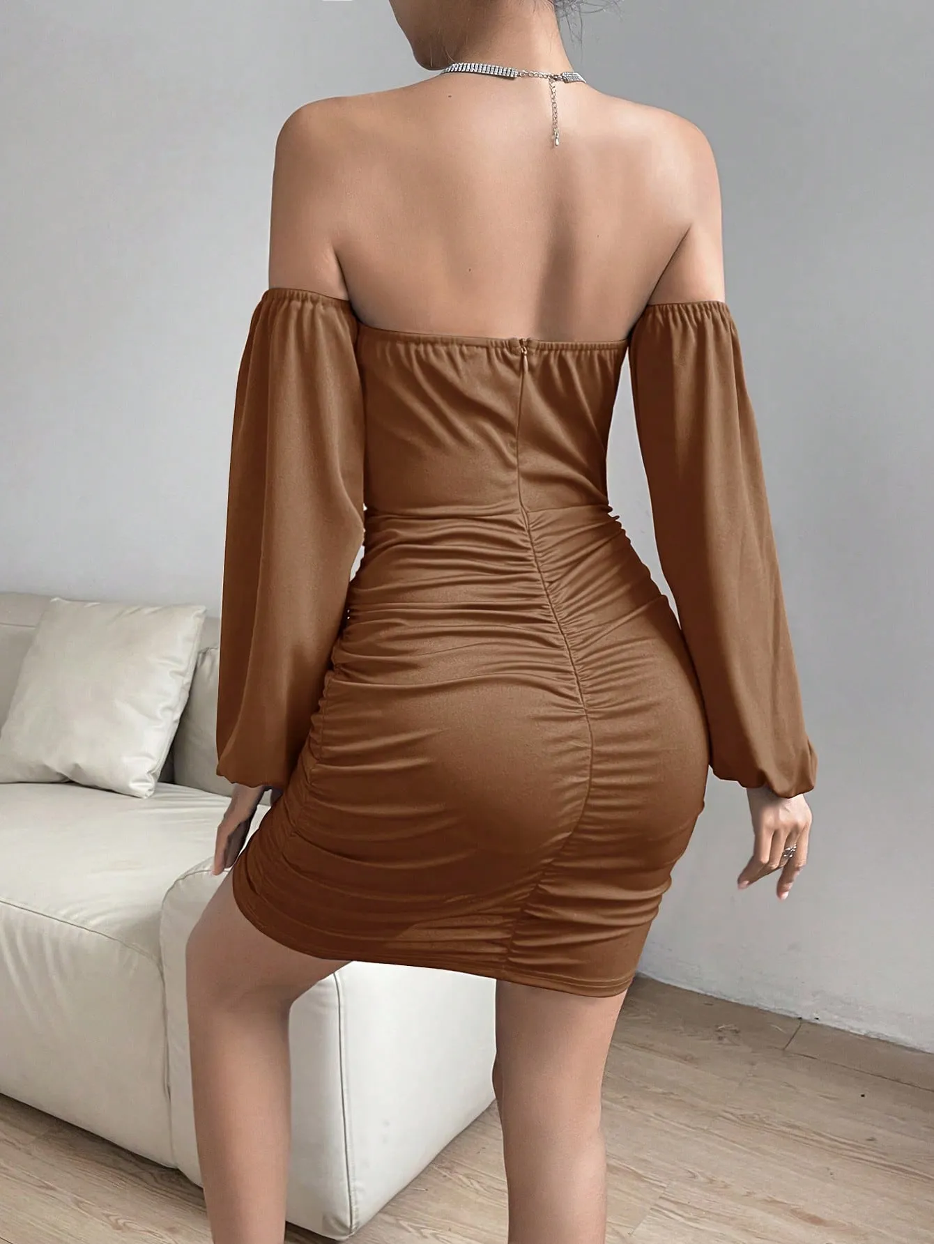 Women's Off Shoulder Lantern Sleeve Ruffle Bodycon Dress
