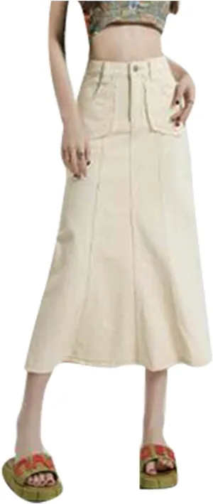 Women's Retro Exposure Button/Zipper-Fly Full Length A-Line Fishtail Maxi Long Washed Denim Jean Skirt Split Hem Skirts