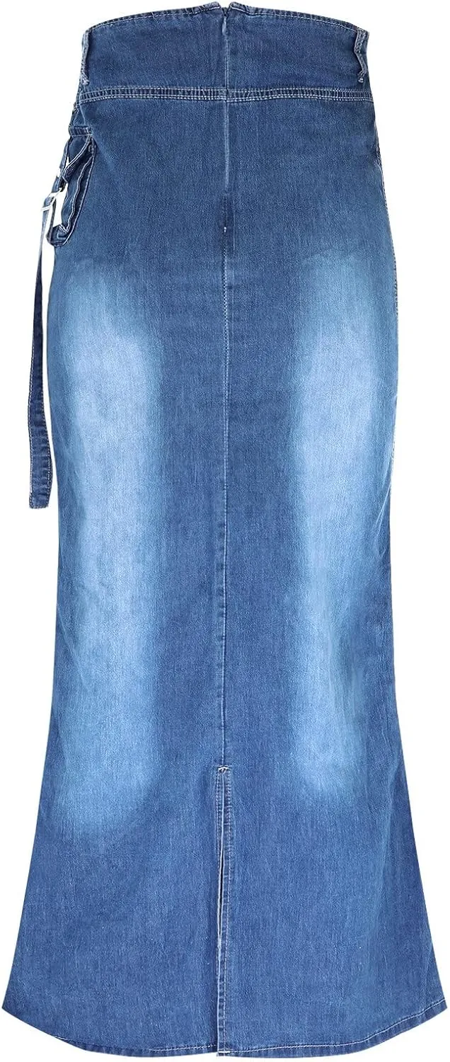 Women's Retro Exposure Button/Zipper-Fly Full Length A-Line Fishtail Maxi Long Washed Denim Jean Skirt Split Hem Skirts