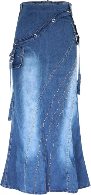 Women's Retro Exposure Button/Zipper-Fly Full Length A-Line Fishtail Maxi Long Washed Denim Jean Skirt Split Hem Skirts