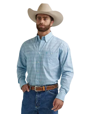 Wrangler Men's George Strait Long Sleeve Button Down Plaid Baby Blue Shirt