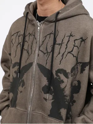 Y2k Grunge Punk Full Zip Up Hoodies Women Vintage Graphic Print Oversized Sweatshirt Hip-pop Pullover Jackets