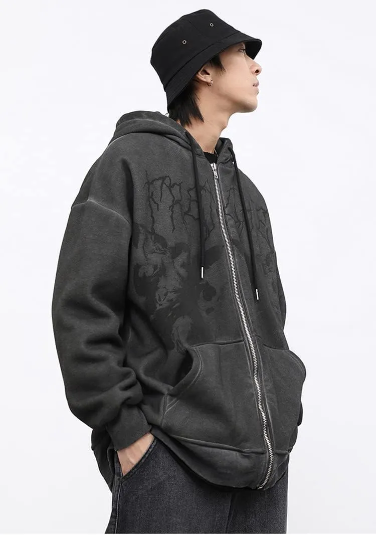Y2k Grunge Punk Full Zip Up Hoodies Women Vintage Graphic Print Oversized Sweatshirt Hip-pop Pullover Jackets