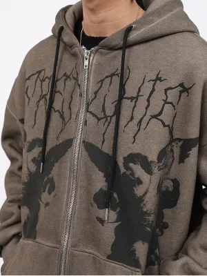 Y2k Grunge Punk Full Zip Up Hoodies Women Vintage Graphic Print Oversized Sweatshirt Hip-pop Pullover Jackets
