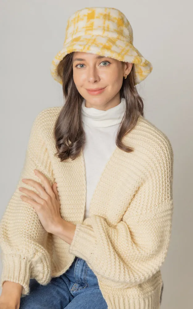 YHU220032 Plaid Sherpa Soft Faux Fur Bucket Hat