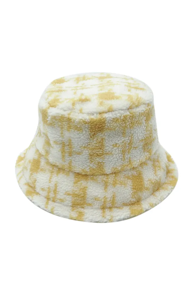 YHU220032 Plaid Sherpa Soft Faux Fur Bucket Hat