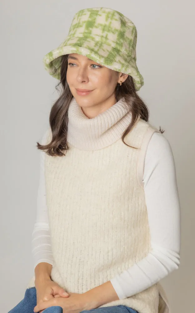 YHU220032 Plaid Sherpa Soft Faux Fur Bucket Hat