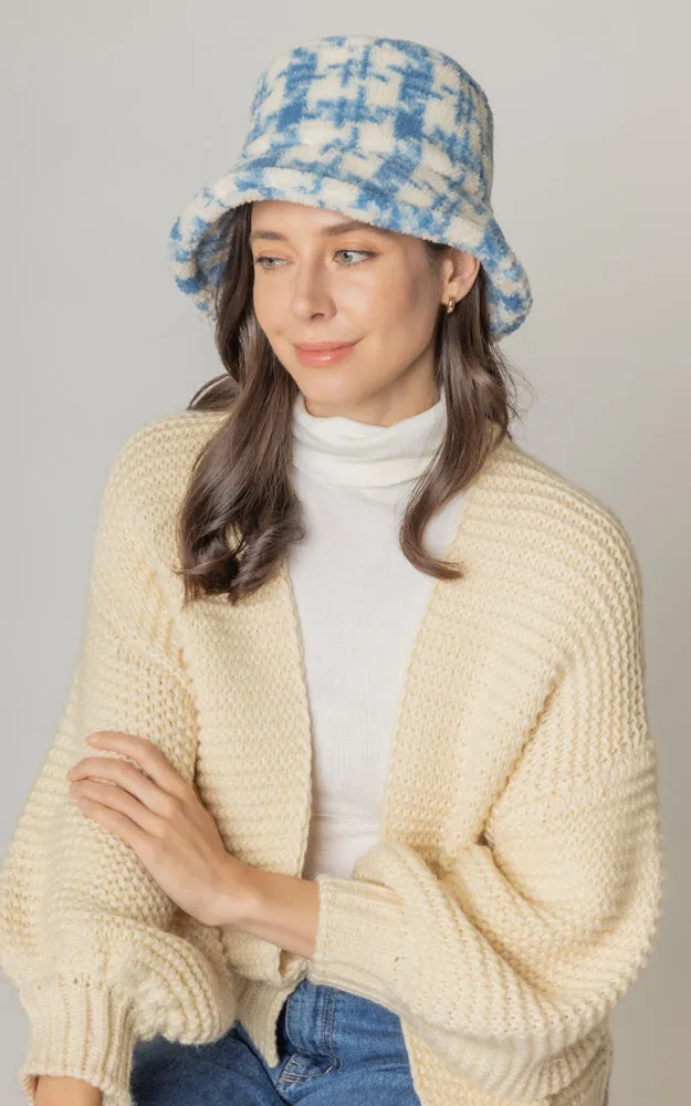YHU220032 Plaid Sherpa Soft Faux Fur Bucket Hat