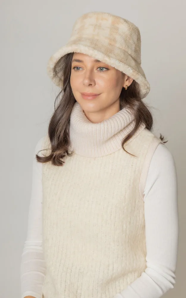 YHU220032 Plaid Sherpa Soft Faux Fur Bucket Hat