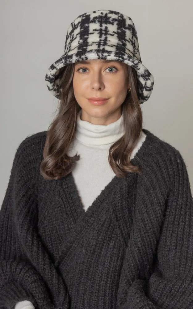 YHU220032 Plaid Sherpa Soft Faux Fur Bucket Hat