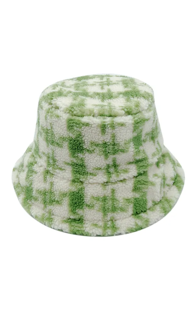 YHU220032 Plaid Sherpa Soft Faux Fur Bucket Hat
