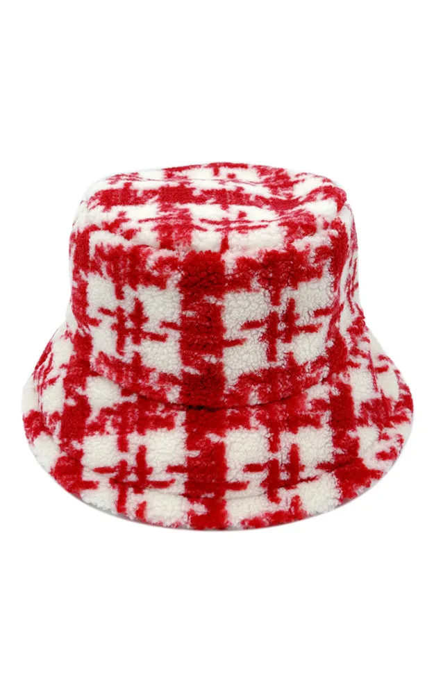 YHU220032 Plaid Sherpa Soft Faux Fur Bucket Hat