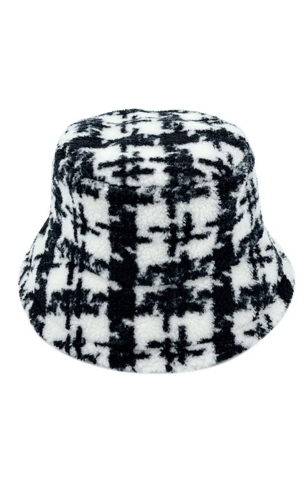 YHU220032 Plaid Sherpa Soft Faux Fur Bucket Hat
